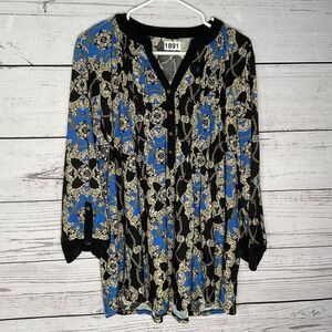 Womens Blouse Size Plus 2XL Blue Black Chain Equestrian Print Long Sleeve V Neck